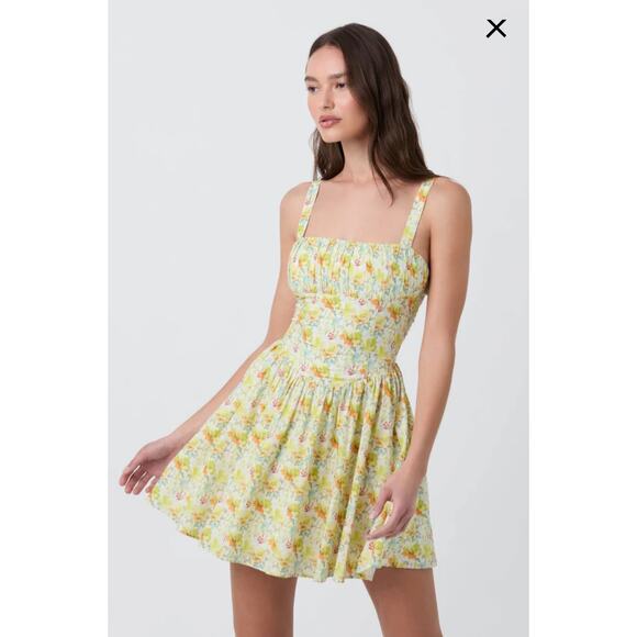 ASTR the Label Women's Beige Yellow Floral Milkmaid Mini Dress NWOT Size X-Large - Picture 2 of 16